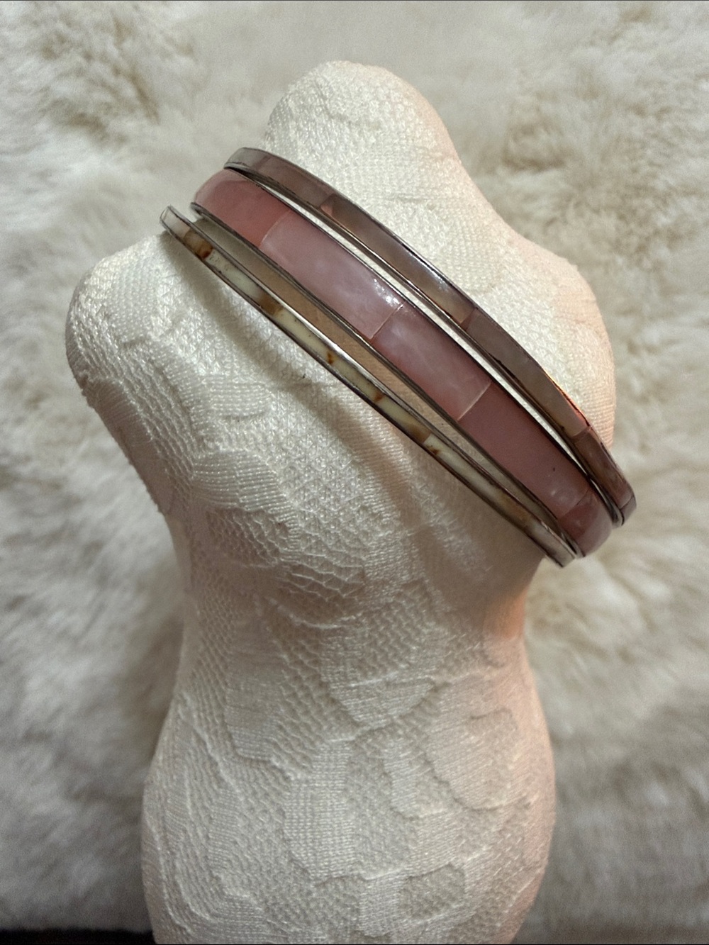 3 Vintage Pink and Ivory Inlay Bangles on silver metal.